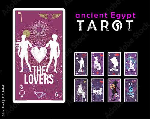 Anciente egypt Tarot. Egyptian tarot card set. Card called The Lovers with male silhouettes and winged heart. photo