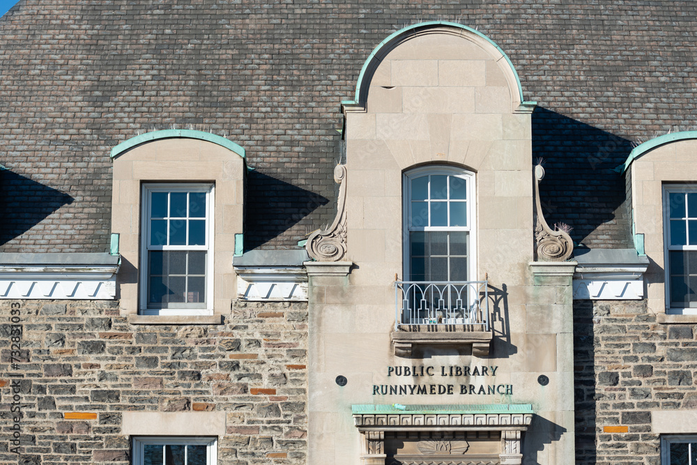 Runnymade Library exterior facade and sign of Toronto Public Library - Runnymede Branch ...