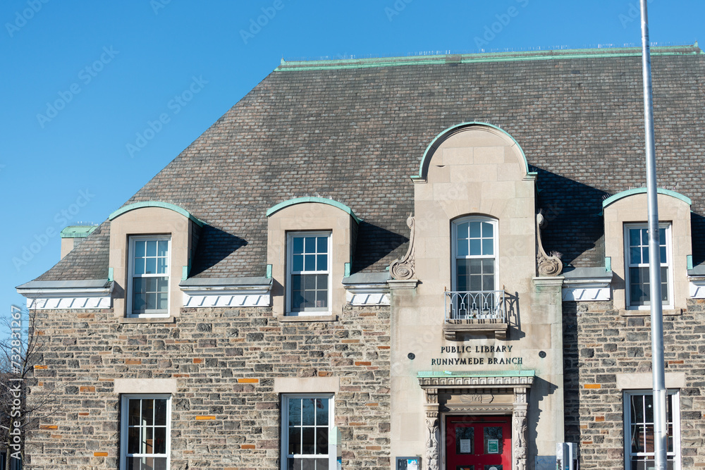 Runnymade Library exterior facade and sign of Toronto Public Library - Runnymede Branch ...