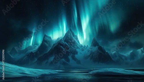 Majestic northern lights over icy mountain peaks. Ethereal arctic winter night sky