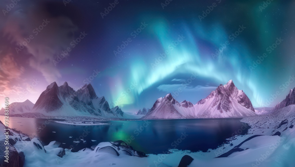 Majestic northern lights over icy mountain peaks. Ethereal arctic winter night sky