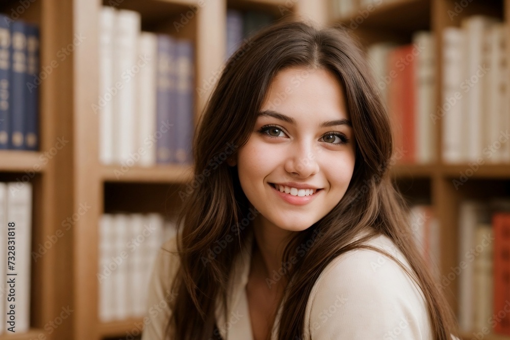 Beautiful female student sitting in the college library smiling and looking at the camera with copy space. Beautiful female student sitting in the college library smiling and looking at the camera with copy space.