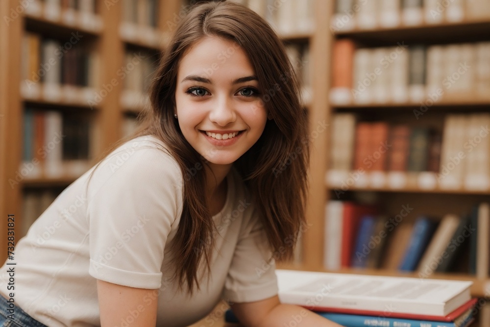 Beautiful female student sitting in the college library smiling and looking at the camera with copy space. Beautiful female student sitting in the college library smiling and looking at the camera with copy space.