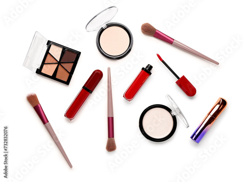 Set of different decorative cosmetics on white background, flat lay