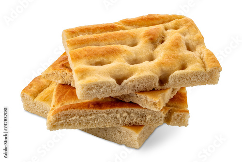 Baked Genoese focaccia, flat bread slices stacked isolated photo