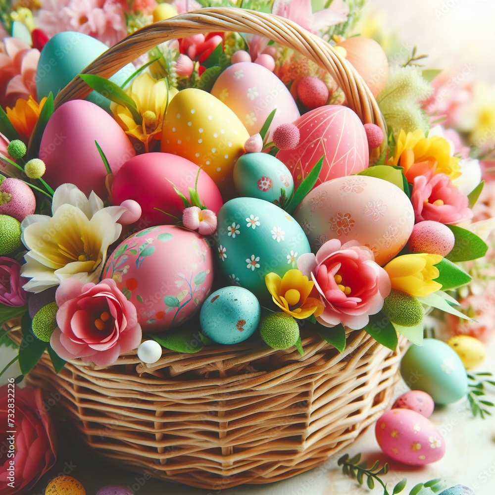 Close-up of a vibrant Easter basket filled with colorful eggs and spring flowers Joyful and festive Perfect for Easter-themed designs Close-up of a vibrant Easter basket filled with colorful eggs and spring flowers Joyful and festive Perfect for Easter-themed designs