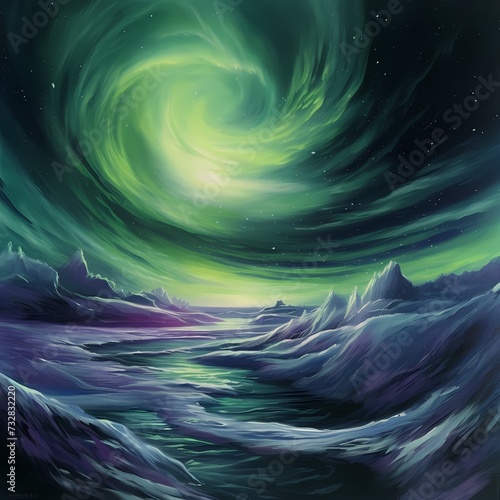 Majestic Aurora Borealis Above the Purple Ocean Waves and Snowy Mountains