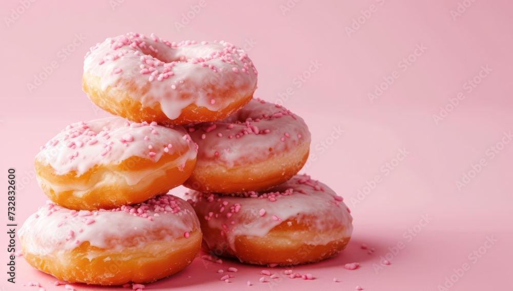 Folded pink frosted donuts with sprinkles Folded pink frosted donuts with sprinkles