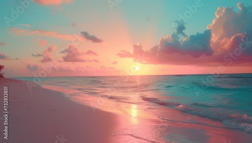 Calm ocean waves under a pink sky at sunset. Calm nature © ColdFire