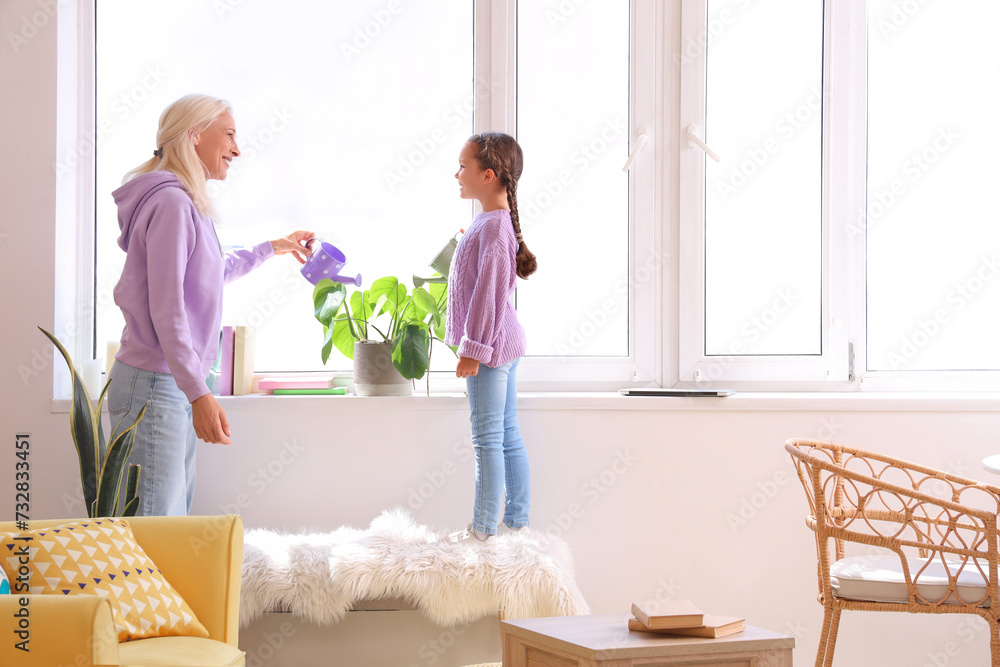 Little girl with her grandmother watering plant at home Little girl with her grandmother watering plant at home