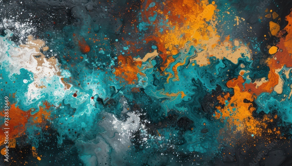 Obraz premium Vibrant turquoise and orange acrylic pour with dynamic swirls and cells