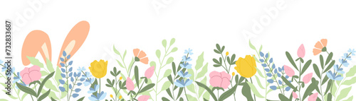 Handdrawn banner with spring flowers and bunny ears. Vector illustration in pastel colors.