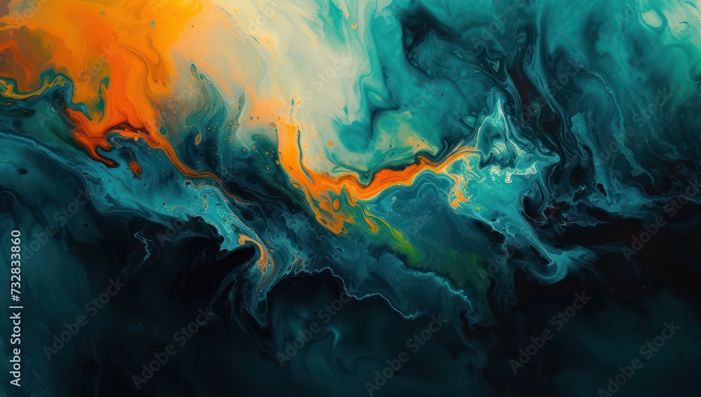 Vibrant turquoise and orange acrylic pour with dynamic swirls and cells - obrazy, fototapety, plakaty 