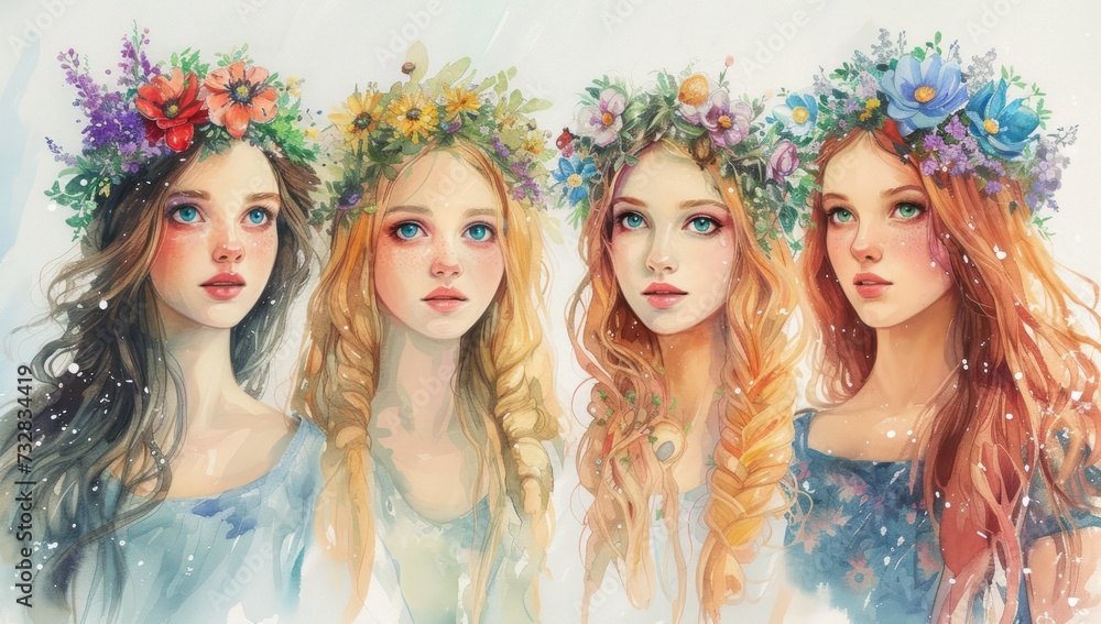 Watercolor of beautiful girls with a beautiful headband of flowers on their heads Watercolor of beautiful girls with a beautiful headband of flowers on their heads