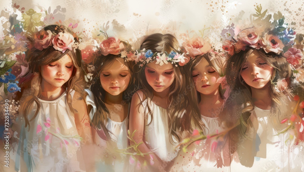 Watercolor of beautiful girls with a beautiful headband of flowers on their heads