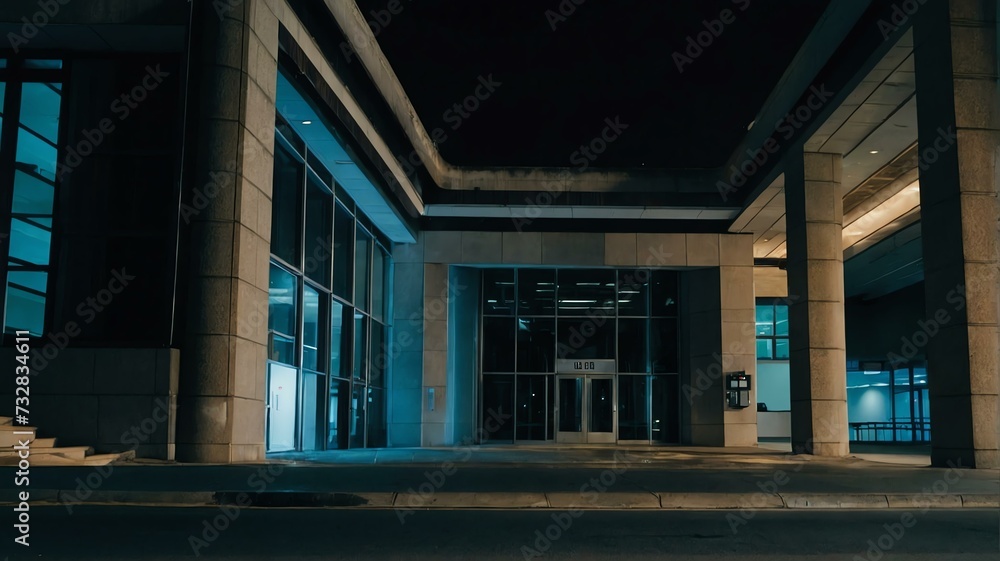 Back entrance of an old office building at night from Generative AI