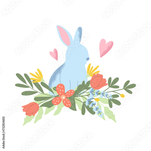 Rabbit silhouette with handdrawn flowers and hearts. Cute vector Easter design with texture.