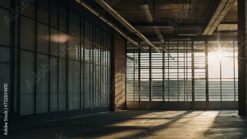 Back entrance of an old office building with sunlight rays on the morning from Generative AI