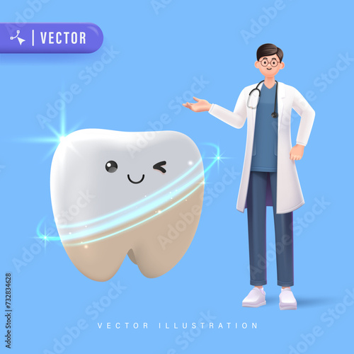 Happy young male dentist with 3D tooth character in blue isolated bakground