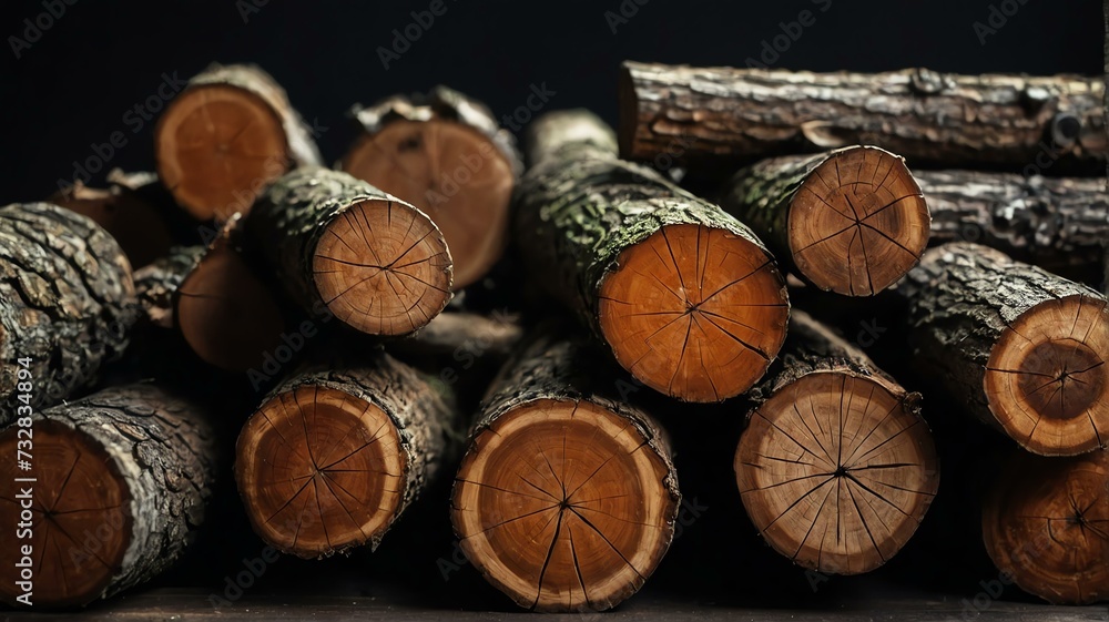 Pieces of logs on plain black background from Generative AI Pieces of logs on plain black background from Generative AI