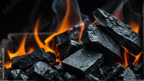 Pieces of burning coal on plain black background from Generative AI