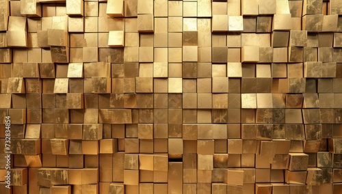 Luxury geometric wall with gold texture and modern metal cube