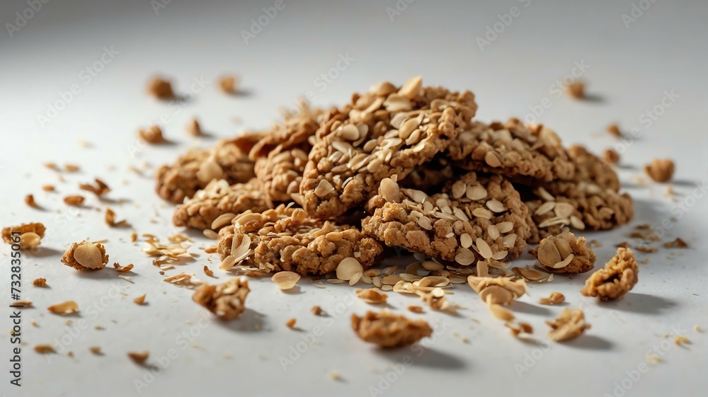 Pile of oat cookie crumbs on plain white background from Generative AI Pile of oat cookie crumbs on plain white background from Generative AI