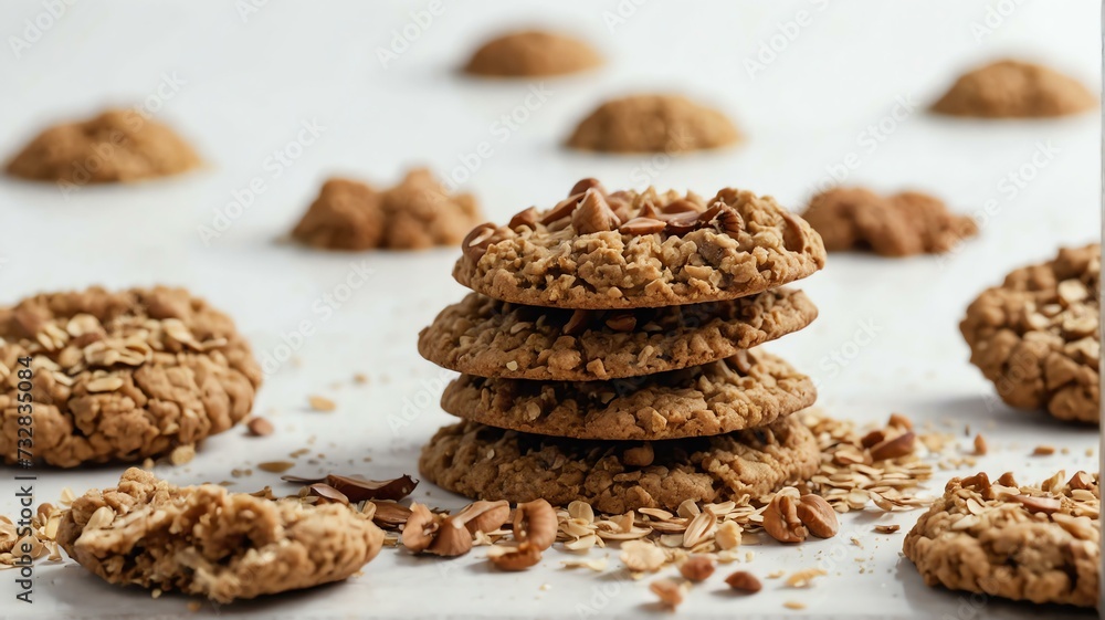 Pile of oat cookie crumbs on plain white background from Generative AI Pile of oat cookie crumbs on plain white background from Generative AI