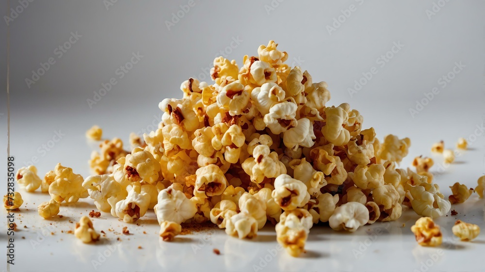 Pile of popcorn with bbq cheese powder on plain white background from Generative AI Pile of popcorn with bbq cheese powder on plain white background from Generative AI