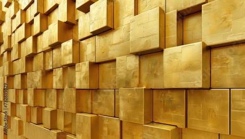 Luxury geometric wall with gold texture and modern metal cube