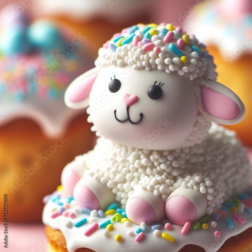 Close-up of a traditional Easter lamb cake decorated with icing and pastel-colored sprinkles Sweet and delightful Perfect for Easter dessert-themed designs 