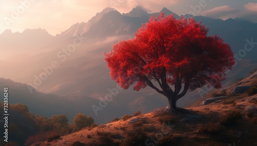 A majestic mahogany tree against the background of a calm mountain