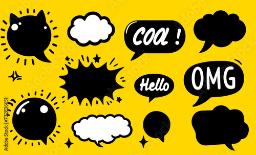Hand-drawn set of speech bubbles with handwritten short phrases like "Cool, OMG, Hello" and others. Collection of modern trendy comic elements for stickers.