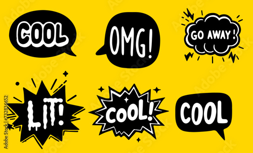 Hand-drawn set of speech bubbles with handwritten short phrases like "Cool, OMG, go away" and others. Collection of modern trendy comic elements for stickers.