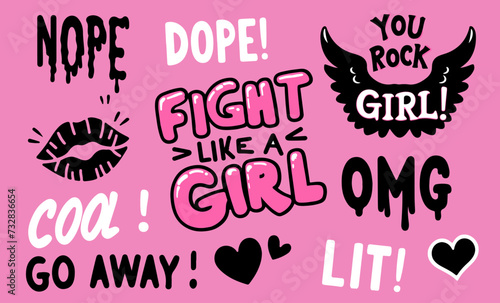Set of cute spooky girlish illustrations with lettering phrases and hearts for pins and patches.