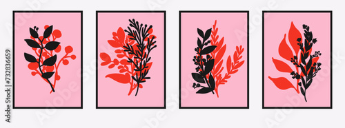 Set of posters with red silhouettes of flowers, plants and leaves on a pink background.