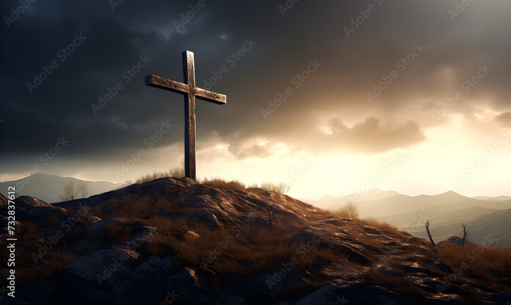 Cross of Christ on a Rocky Hill on a Dark and Moody Day Cross of Christ on a Rocky Hill on a Dark and Moody Day