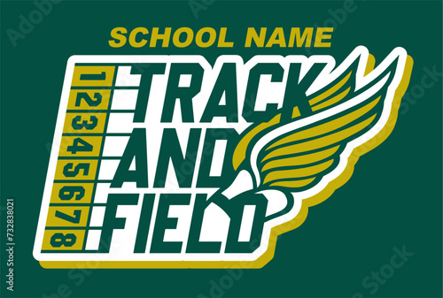 track and field team design with winged foot for school, college or league sports
