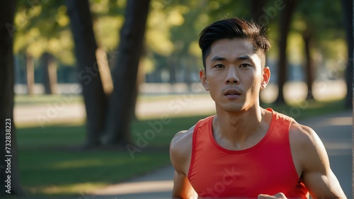 Handsome young asian man jogging running in park in sunshine on beautiful summer day from Generative AI © Arceli