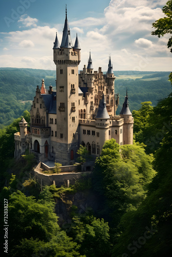 Iconic Display of Majestic Medieval European Castle Surrounded by Nature's Beauty