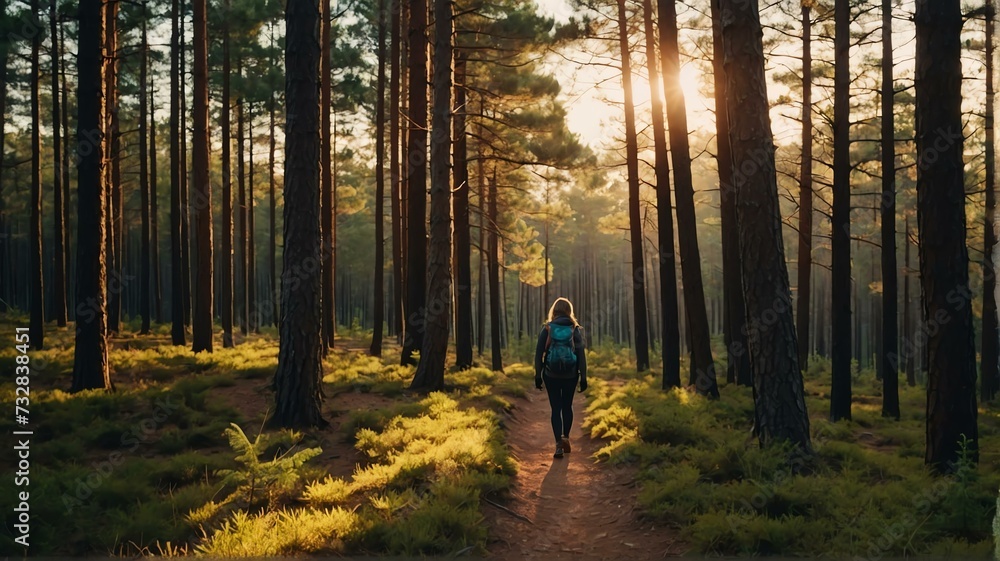 Hiker woman walking on pine forest path on on trail woods background at sunset from Generative AI Hiker woman walking on pine forest path on on trail woods background at sunset from Generative AI