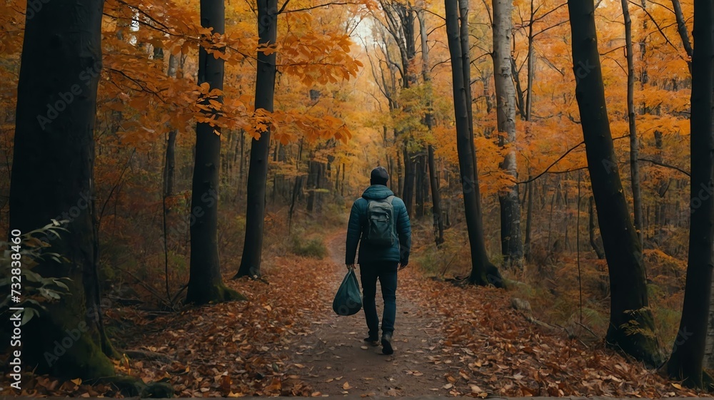 Man walking in autumn forest nature path walk on trail woods background from Generative AI