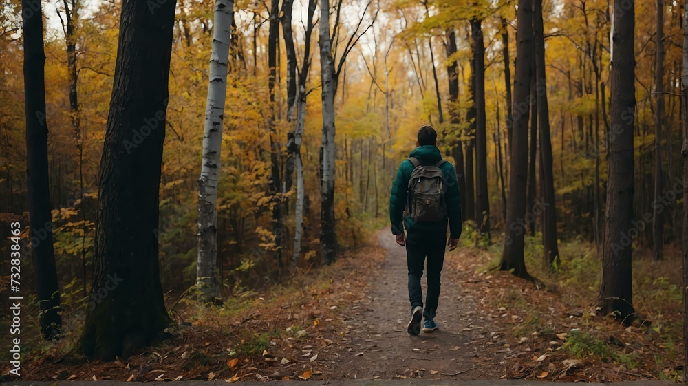 Man walking in autumn forest nature path walk on trail woods background from Generative AI Man walking in autumn forest nature path walk on trail woods background from Generative AI