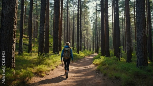 Hiker woman walking on pine forest path on on trail woods background from Generative AI