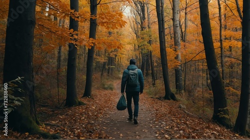 Man walking in autumn forest nature path walk on trail woods background from Generative AI