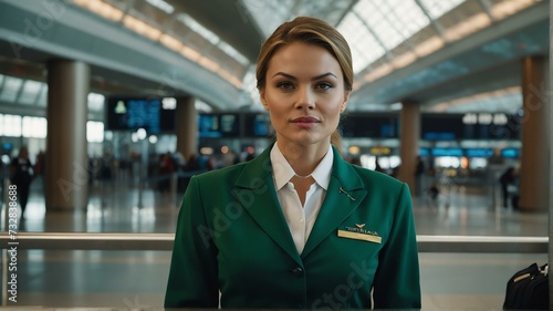 Wallpaper Mural Portrait of a beautiful flight stewardess on green uniform in airport terminal background from Generative AI Torontodigital.ca