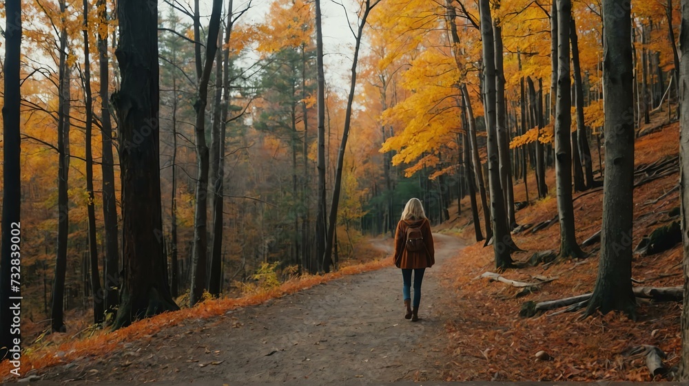 Woman walking in autumn forest nature path walk on trail woods background from Generative AI