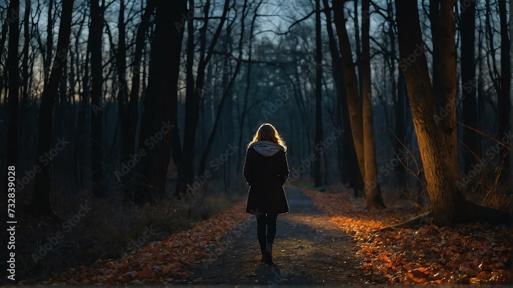 Woman walking in autumn forest nature path walk on trail woods background at night from Generative AI