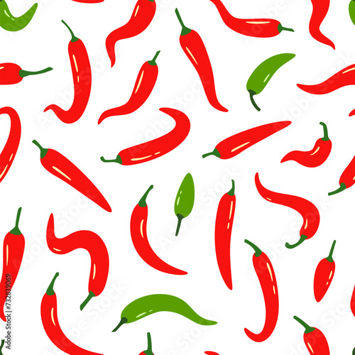 Red chili and cayenne peppers seamless pattern for cafe menu, food packaging and wallpapers. Vector repetition ornament of flat mexican pepper