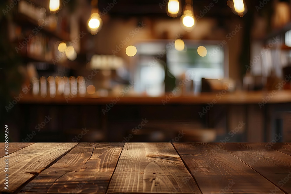 Cafe or restaurant with a blurred background and an empty wooden table Creating an inviting space for product displays or digital montages Cafe or restaurant with a blurred background and an empty wooden table Creating an inviting space for product displays or digital montages